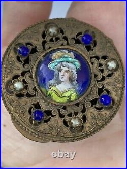 Antique Patch Box 19th Victorian hand painted Woman's Image Circa 1890s Rare