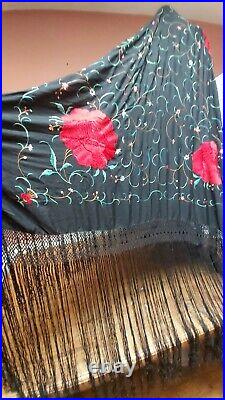 Antique Piano Shawl Hand Embroidery Silk Vintage Roses 1910 Stunning