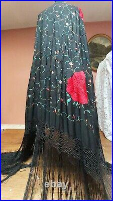 Antique Piano Shawl Hand Embroidery Silk Vintage Roses 1910 Stunning