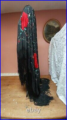 Antique Piano Shawl Hand Embroidery Silk Vintage Roses 1910 Stunning