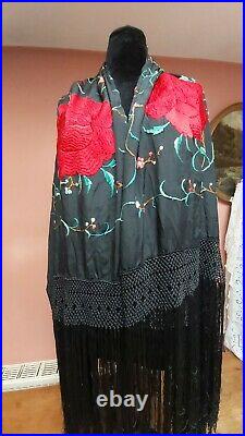 Antique Piano Shawl Hand Embroidery Silk Vintage Roses 1910 Stunning