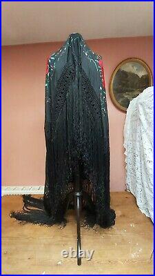 Antique Piano Shawl Hand Embroidery Silk Vintage Roses 1910 Stunning