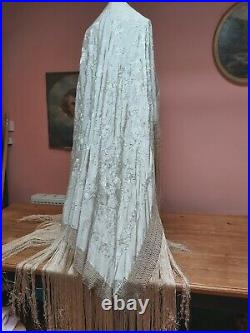 Antique Piano Shawl Silk Ivory Hand Embroidery Birds Flowers Weding Vintage Orig