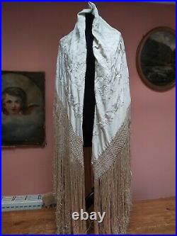 Antique Piano Shawl Silk Ivory Hand Embroidery Birds Flowers Weding Vintage Orig