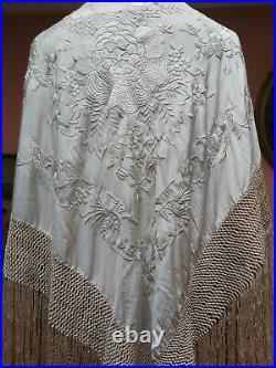 Antique Piano Shawl Silk Ivory Hand Embroidery Birds Flowers Weding Vintage Orig