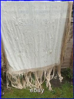 Antique Piano Shawl Silk Ivory Hand Embroidery Birds Flowers Weding Vintage Orig