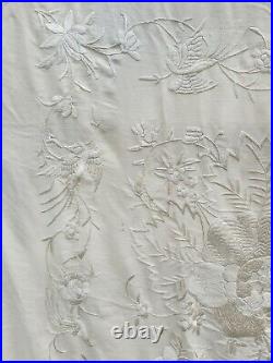 Antique Piano Shawl Silk Ivory Hand Embroidery Birds Flowers Weding Vintage Orig