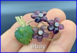 Antique Pin Brooch Gold Plated. 925 Silver Carved Jade Amethyst Flower Bouquet