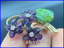 Antique Pin Brooch Gold Plated. 925 Silver Carved Jade Amethyst Flower Bouquet
