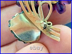 Antique Pin Brooch Gold Plated. 925 Silver Carved Jade Amethyst Flower Bouquet