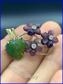 Antique Pin Brooch Gold Plated. 925 Silver Carved Jade Amethyst Flower Bouquet