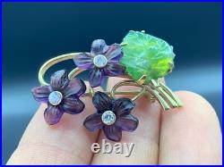 Antique Pin Brooch Gold Plated. 925 Silver Carved Jade Amethyst Flower Bouquet