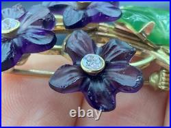 Antique Pin Brooch Gold Plated. 925 Silver Carved Jade Amethyst Flower Bouquet