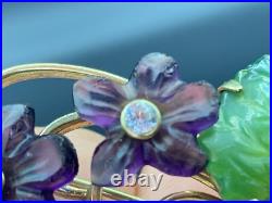 Antique Pin Brooch Gold Plated. 925 Silver Carved Jade Amethyst Flower Bouquet