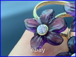 Antique Pin Brooch Gold Plated. 925 Silver Carved Jade Amethyst Flower Bouquet