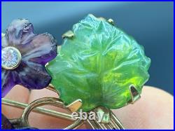 Antique Pin Brooch Gold Plated. 925 Silver Carved Jade Amethyst Flower Bouquet