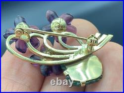 Antique Pin Brooch Gold Plated. 925 Silver Carved Jade Amethyst Flower Bouquet