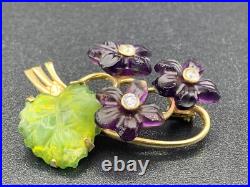 Antique Pin Brooch Gold Plated. 925 Silver Carved Jade Amethyst Flower Bouquet