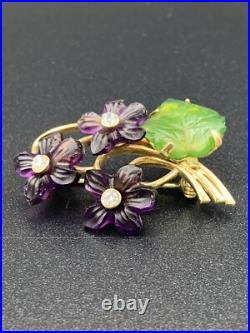 Antique Pin Brooch Gold Plated. 925 Silver Carved Jade Amethyst Flower Bouquet