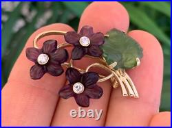 Antique Pin Brooch Gold Plated. 925 Silver Carved Jade Amethyst Flower Bouquet