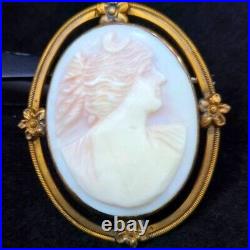 Antique Pink Coral Goddess Artemis Early Victorian Hand-carved Cameo Pendant