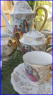 Antique Porcelain Tea Demitasse Set for 6. Hand Painted Gold Trim 17 PCS. EXC