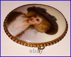 Antique Portrait Brooch Cameo Hand Painted Porcelain Pin Victorian Lady Vtg