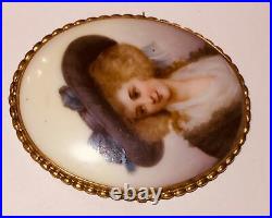 Antique Portrait Brooch Cameo Hand Painted Porcelain Pin Victorian Lady Vtg