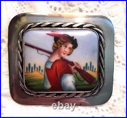Antique Portrait Brooch Cameo Sterling Silver Hand Painted Porcelain Victorian
