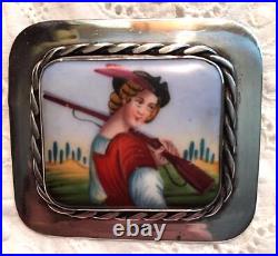 Antique Portrait Brooch Cameo Sterling Silver Hand Painted Porcelain Victorian