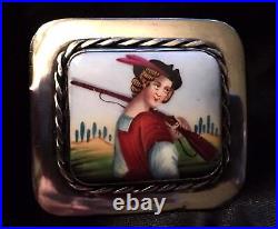 Antique Portrait Brooch Cameo Sterling Silver Hand Painted Porcelain Victorian