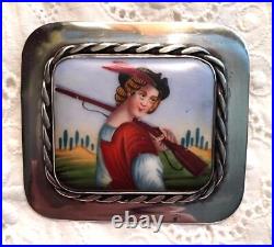 Antique Portrait Brooch Cameo Sterling Silver Hand Painted Porcelain Victorian