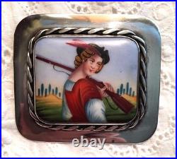 Antique Portrait Brooch Cameo Sterling Silver Hand Painted Porcelain Victorian