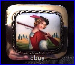 Antique Portrait Brooch Cameo Sterling Silver Hand Painted Porcelain Victorian