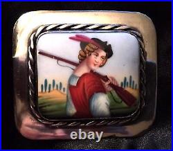 Antique Portrait Brooch Cameo Sterling Silver Hand Painted Porcelain Victorian
