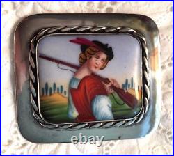 Antique Portrait Brooch Cameo Sterling Silver Hand Painted Porcelain Victorian