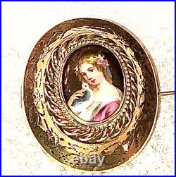 Antique Portrait Brooch Cameo Sterling Silver Lady Hunting Hand Painted