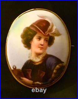 Antique Portrait Brooch Cameo Sterling Silver Lady Hunting Hand Painted