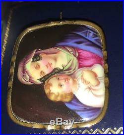 Antique Portrait Brooch Gold Madonna Jesus Hand Painted Porcelain Pin Victorian