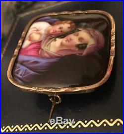 Antique Portrait Brooch Gold Madonna Jesus Hand Painted Porcelain Pin Victorian
