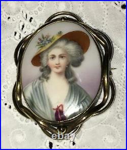 Antique Portrait Brooch Hand Painted Porcelain Cameo Victorian Mother Fish Pin