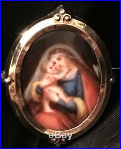 Antique Portrait Brooch Hand Painted Sterling Silver Locket Madonna Victorian