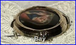 Antique Portrait Brooch Hand Painted Sterling Silver Locket Madonna Victorian