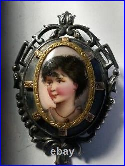 Antique Portrait Brooch Miniature Cameo Hand Painted Porcelain Victorian Pin
