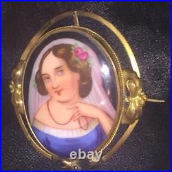 Antique Portrait Brooch Miniature Cameo Hand Painted Porcelain Victorian Pin