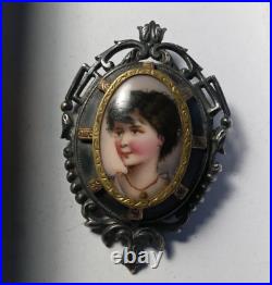 Antique Portrait Brooch Miniature Cameo Hand Painted Porcelain Victorian Pin
