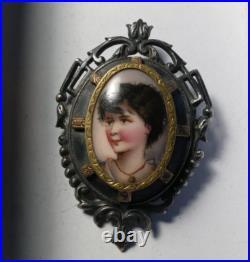 Antique Portrait Brooch Miniature Cameo Hand Painted Porcelain Victorian Pin