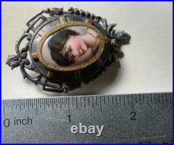 Antique Portrait Brooch Miniature Cameo Hand Painted Porcelain Victorian Pin