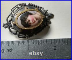 Antique Portrait Brooch Miniature Cameo Hand Painted Porcelain Victorian Pin