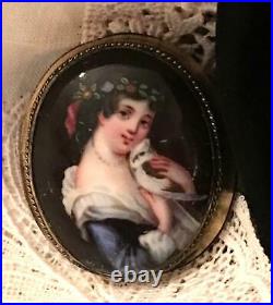 Antique Portrait Brooch Pendant Cameo Hand Painted Porcelain Victorian Bird Pin